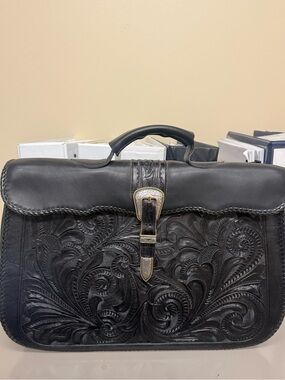 Hand-Tooled Black Leather Briefcase with Buckle Accent custom made no tags